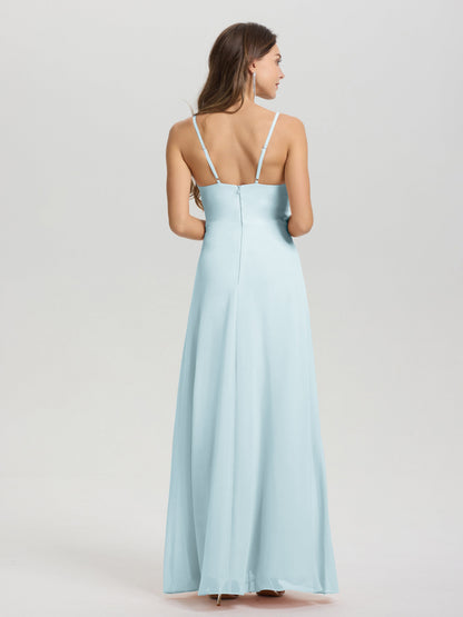 A-Line Spaghetti Straps Ruched Floor Length Chiffon Bridesmaid Dress