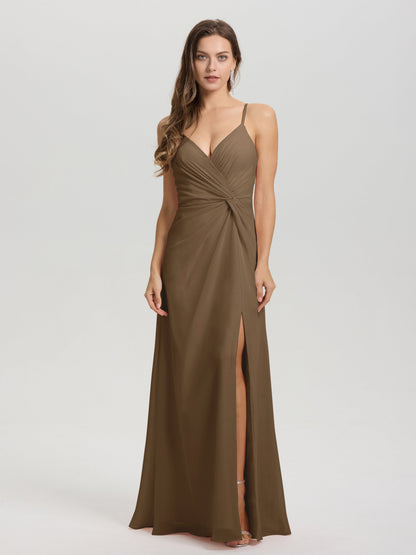 A-Line Spaghetti Straps Ruched Floor Length Chiffon Bridesmaid Dress