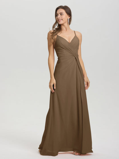 A-Line Spaghetti Straps Ruched Floor Length Chiffon Bridesmaid Dress