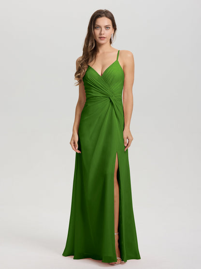 A-Line Spaghetti Straps Ruched Floor Length Chiffon Bridesmaid Dress