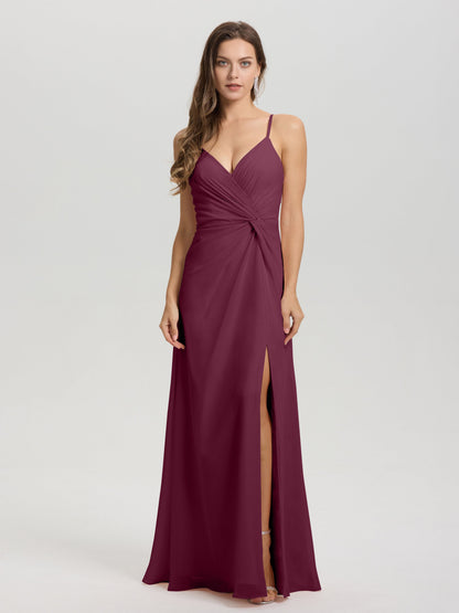 A-Line Spaghetti Straps Ruched Floor Length Chiffon Bridesmaid Dress