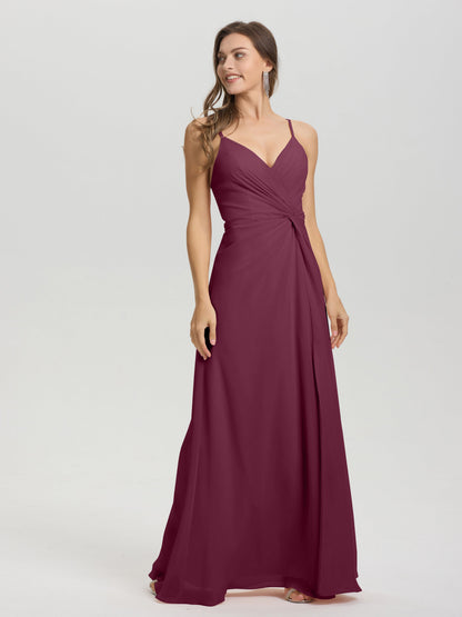 A-Line Spaghetti Straps Ruched Floor Length Chiffon Bridesmaid Dress