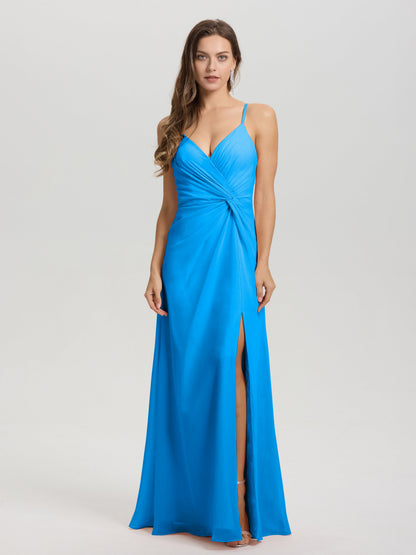 A-Line Spaghetti Straps Ruched Floor Length Chiffon Bridesmaid Dress