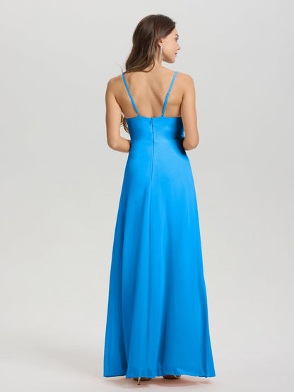 A-Line Spaghetti Straps Ruched Floor Length Chiffon Bridesmaid Dress