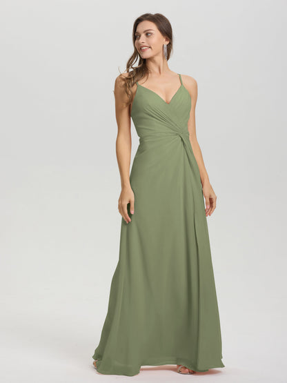 A-Line Spaghetti Straps Ruched Floor Length Chiffon Bridesmaid Dress