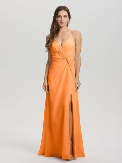 A-Line Spaghetti Straps Ruched Floor Length Chiffon Bridesmaid Dress