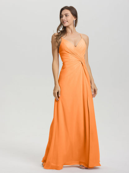 A-Line Spaghetti Straps Ruched Floor Length Chiffon Bridesmaid Dress