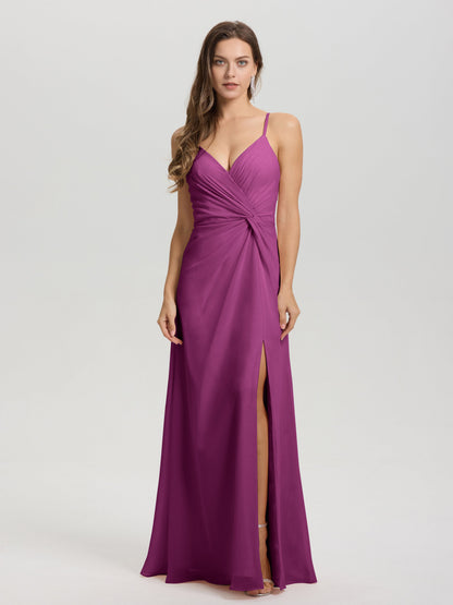 A-Line Spaghetti Straps Ruched Floor Length Chiffon Bridesmaid Dress