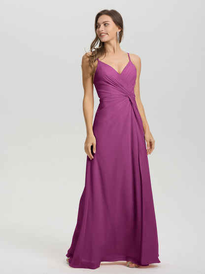 A-Line Spaghetti Straps Ruched Floor Length Chiffon Bridesmaid Dress