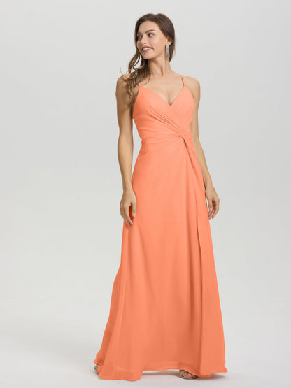 A-Line Spaghetti Straps Ruched Floor Length Chiffon Bridesmaid Dress