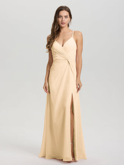 A-Line Spaghetti Straps Ruched Floor Length Chiffon Bridesmaid Dress