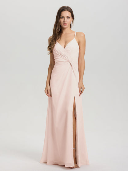 A-Line Spaghetti Straps Ruched Floor Length Chiffon Bridesmaid Dress