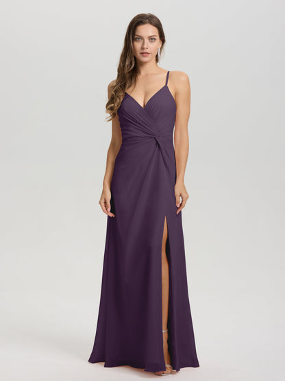 A-Line Spaghetti Straps Ruched Floor Length Chiffon Bridesmaid Dress