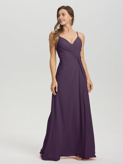 A-Line Spaghetti Straps Ruched Floor Length Chiffon Bridesmaid Dress