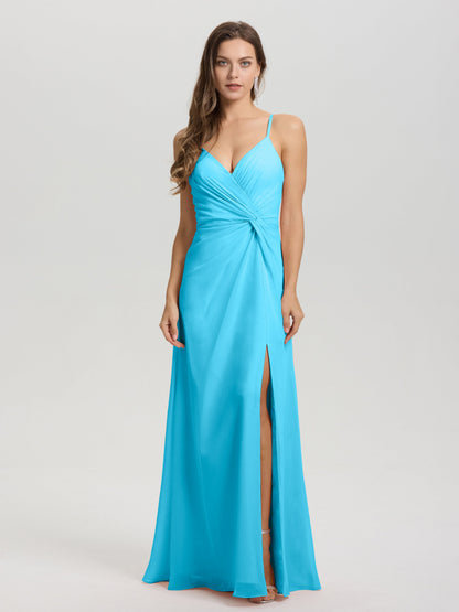 A-Line Spaghetti Straps Ruched Floor Length Chiffon Bridesmaid Dress