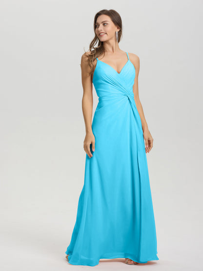 A-Line Spaghetti Straps Ruched Floor Length Chiffon Bridesmaid Dress