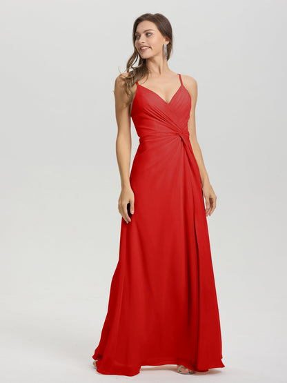 A-Line Spaghetti Straps Ruched Floor Length Chiffon Bridesmaid Dress