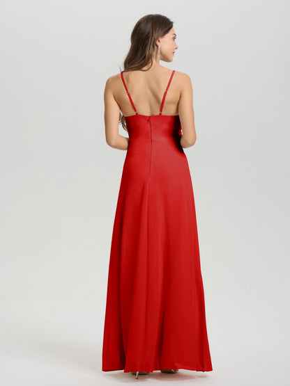 A-Line Spaghetti Straps Ruched Floor Length Chiffon Bridesmaid Dress