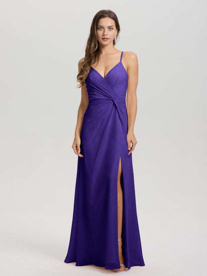 A-Line Spaghetti Straps Ruched Floor Length Chiffon Bridesmaid Dress