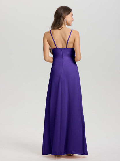 A-Line Spaghetti Straps Ruched Floor Length Chiffon Bridesmaid Dress