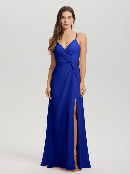 A-Line Spaghetti Straps Ruched Floor Length Chiffon Bridesmaid Dress