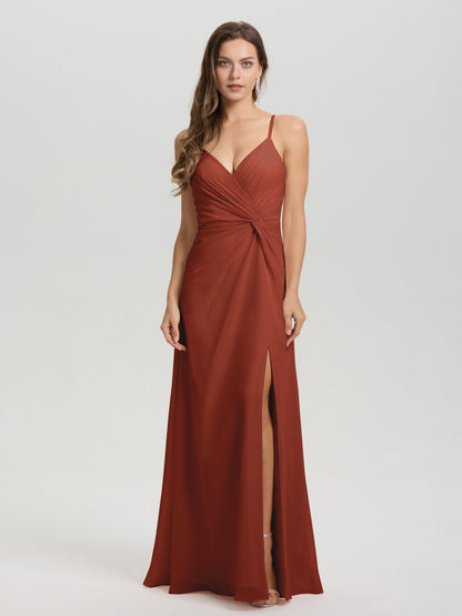 A-Line Spaghetti Straps Ruched Floor Length Chiffon Bridesmaid Dress