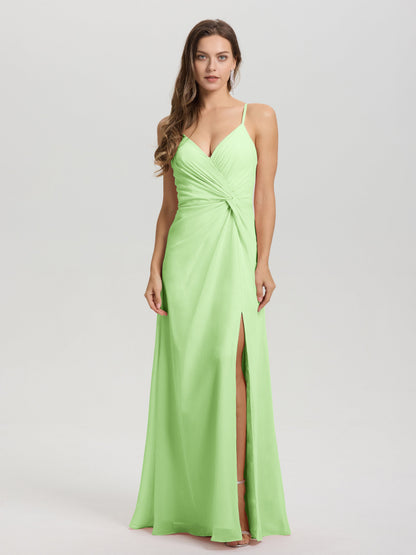 A-Line Spaghetti Straps Ruched Floor Length Chiffon Bridesmaid Dress
