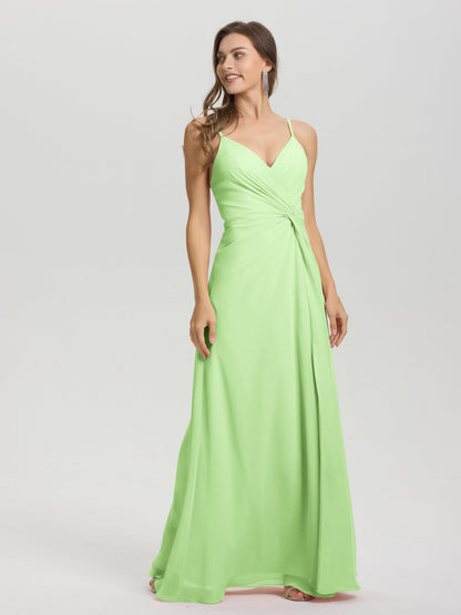 A-Line Spaghetti Straps Ruched Floor Length Chiffon Bridesmaid Dress