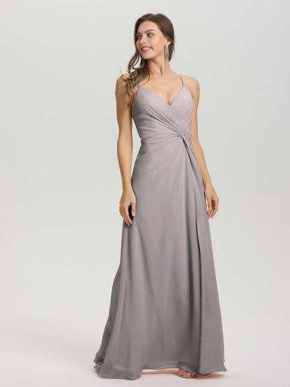 A-Line Spaghetti Straps Ruched Floor Length Chiffon Bridesmaid Dress