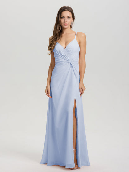 A-Line Spaghetti Straps Ruched Floor Length Chiffon Bridesmaid Dress