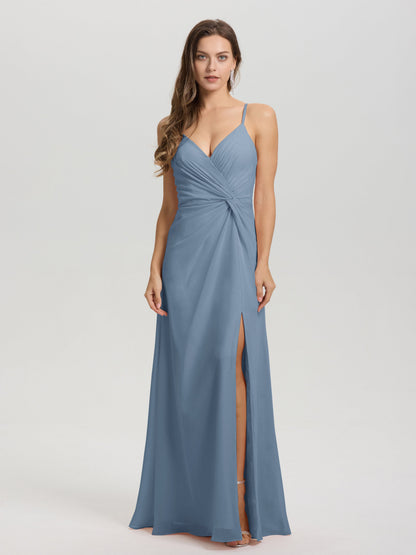 A-Line Spaghetti Straps Ruched Floor Length Chiffon Bridesmaid Dress