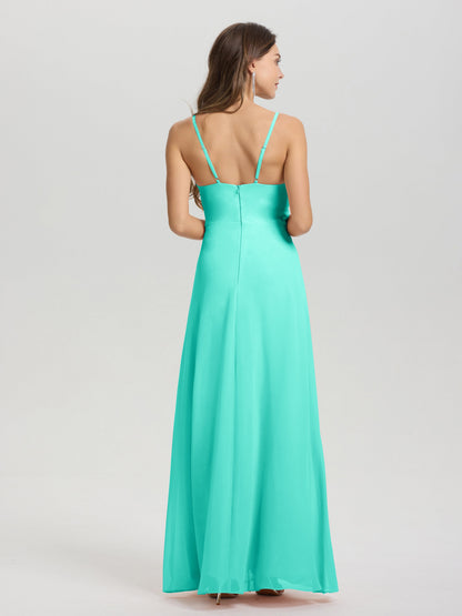 A-Line Spaghetti Straps Ruched Floor Length Chiffon Bridesmaid Dress