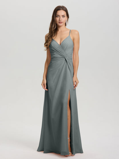 A-Line Spaghetti Straps Ruched Floor Length Chiffon Bridesmaid Dress