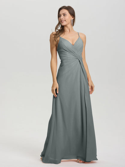 A-Line Spaghetti Straps Ruched Floor Length Chiffon Bridesmaid Dress