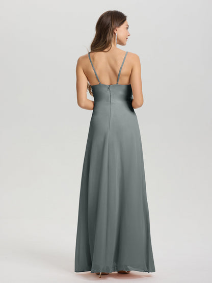 A-Line Spaghetti Straps Ruched Floor Length Chiffon Bridesmaid Dress