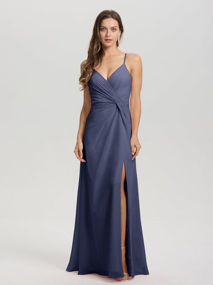 A-Line Spaghetti Straps Ruched Floor Length Chiffon Bridesmaid Dress