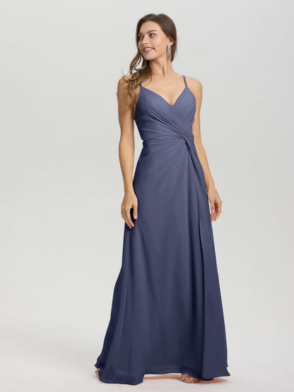 A-Line Spaghetti Straps Ruched Floor Length Chiffon Bridesmaid Dress