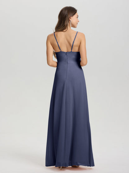 A-Line Spaghetti Straps Ruched Floor Length Chiffon Bridesmaid Dress
