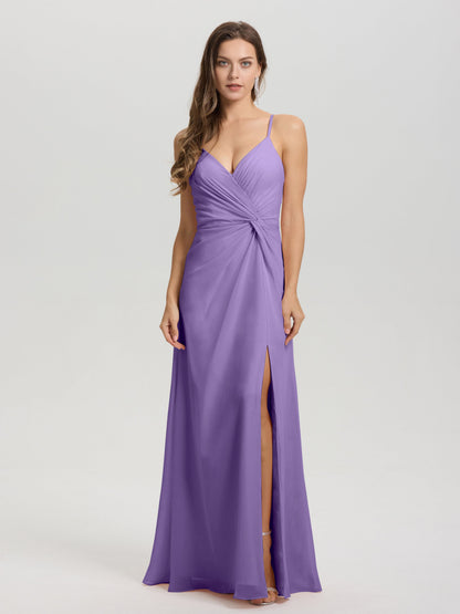 A-Line Spaghetti Straps Ruched Floor Length Chiffon Bridesmaid Dress