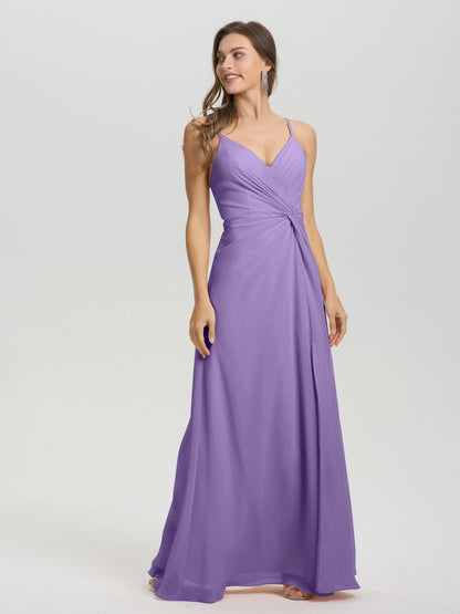 A-Line Spaghetti Straps Ruched Floor Length Chiffon Bridesmaid Dress