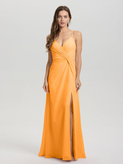 A-Line Spaghetti Straps Ruched Floor Length Chiffon Bridesmaid Dress