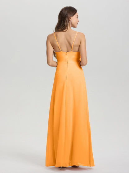 A-Line Spaghetti Straps Ruched Floor Length Chiffon Bridesmaid Dress