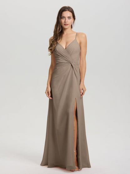 A-Line Spaghetti Straps Ruched Floor Length Chiffon Bridesmaid Dress