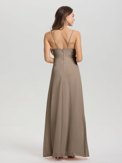 A-Line Spaghetti Straps Ruched Floor Length Chiffon Bridesmaid Dress