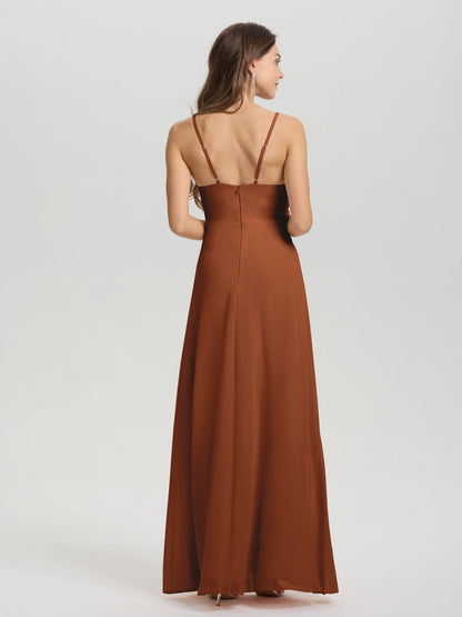 A-Line Spaghetti Straps Ruched Floor Length Chiffon Bridesmaid Dress