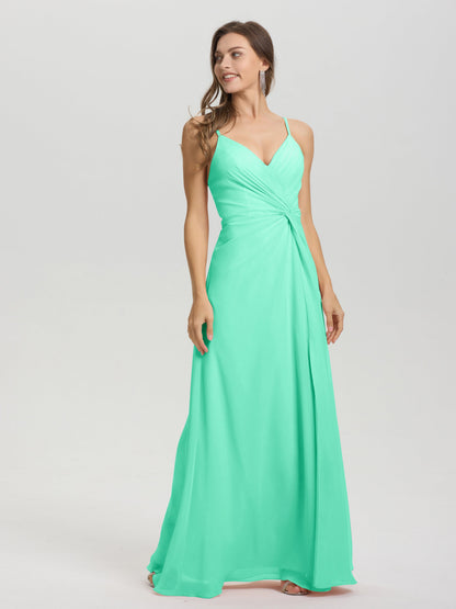 A-Line Spaghetti Straps Ruched Floor Length Chiffon Bridesmaid Dress