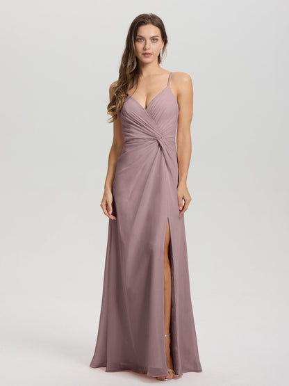 A-Line Spaghetti Straps Ruched Floor Length Chiffon Bridesmaid Dress