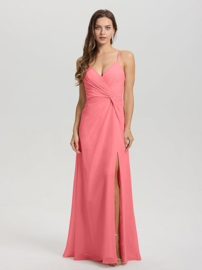 A-Line Spaghetti Straps Ruched Floor Length Chiffon Bridesmaid Dress