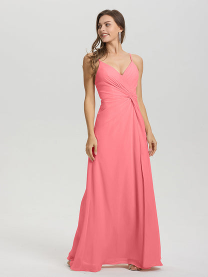A-Line Spaghetti Straps Ruched Floor Length Chiffon Bridesmaid Dress
