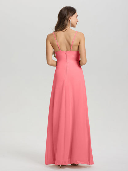 A-Line Spaghetti Straps Ruched Floor Length Chiffon Bridesmaid Dress